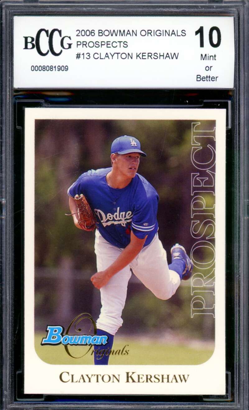 2006 Bowman Originals Prospects #13 Clayton Kershaw Rookie BGS BCCG 10 Mint+ Image 1
