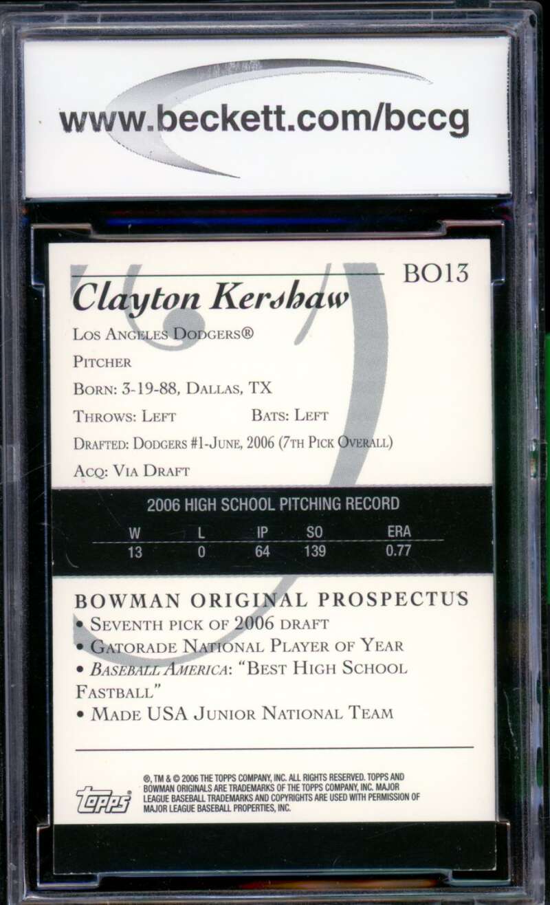 2006 Bowman Originals Prospects #13 Clayton Kershaw Rookie BGS BCCG 10 Mint+ Image 2