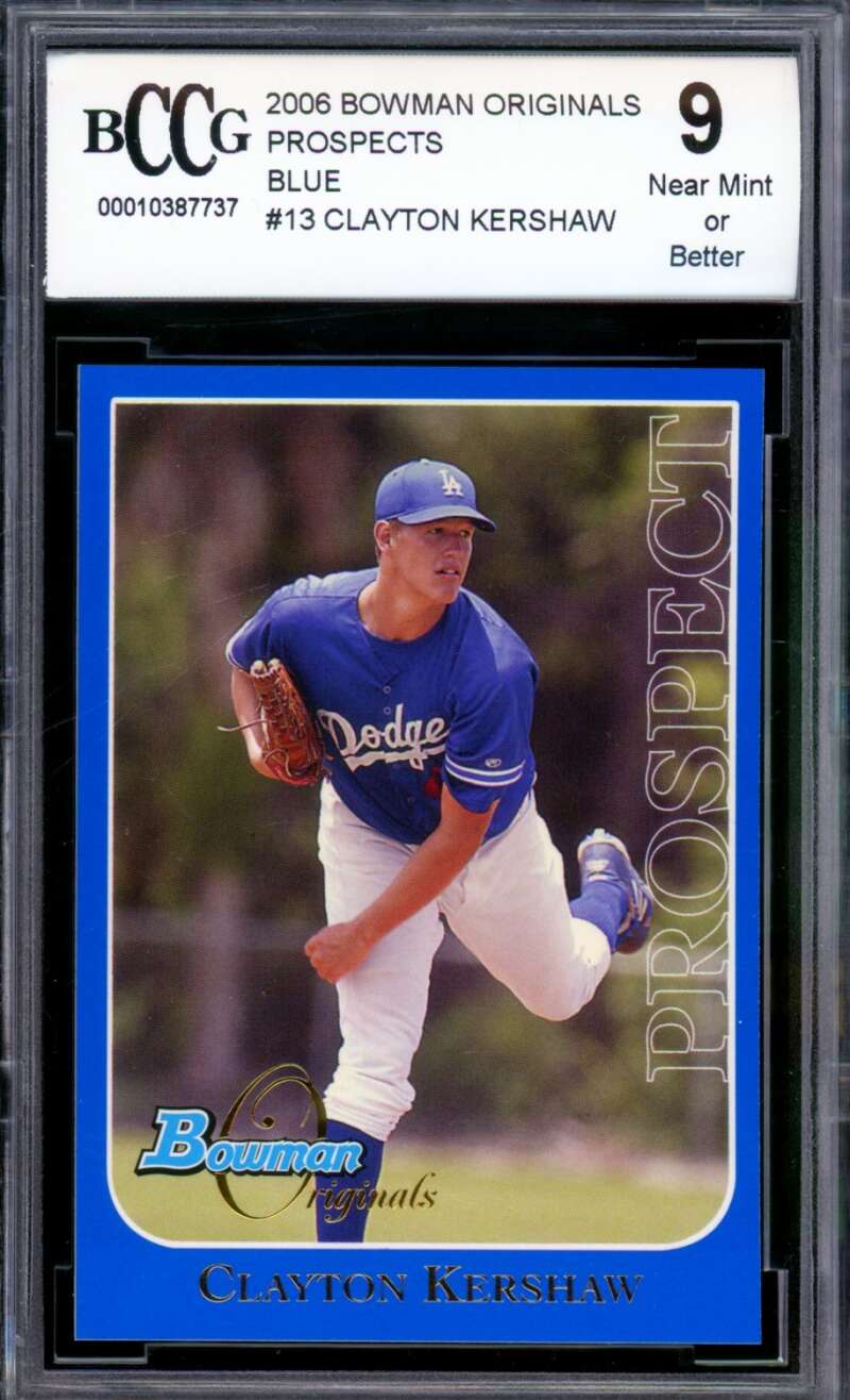 2006 Bowman Originals Prospects Blue #13 Clayton Kershaw Rookie BGS BCCG 9 NM+ Image 1