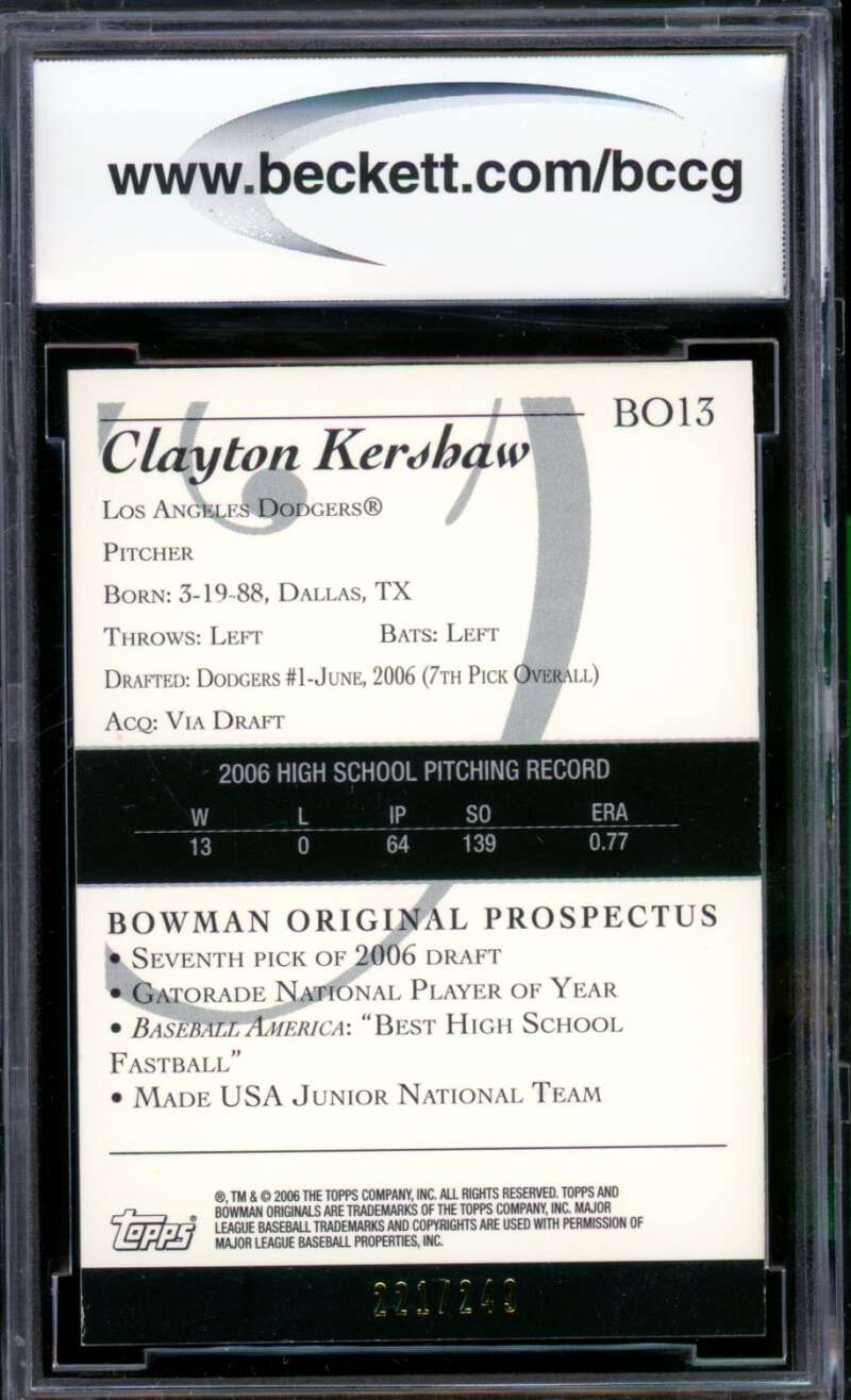 2006 Bowman Originals Prospects Blue #13 Clayton Kershaw Rookie BGS BCCG 9 NM+ Image 2