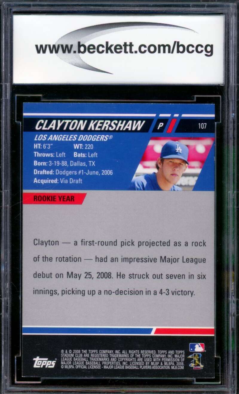 2008 Stadium Club #107A Clayton Kershaw Rookie Card BGS BCCG 10 Mint+ Image 2