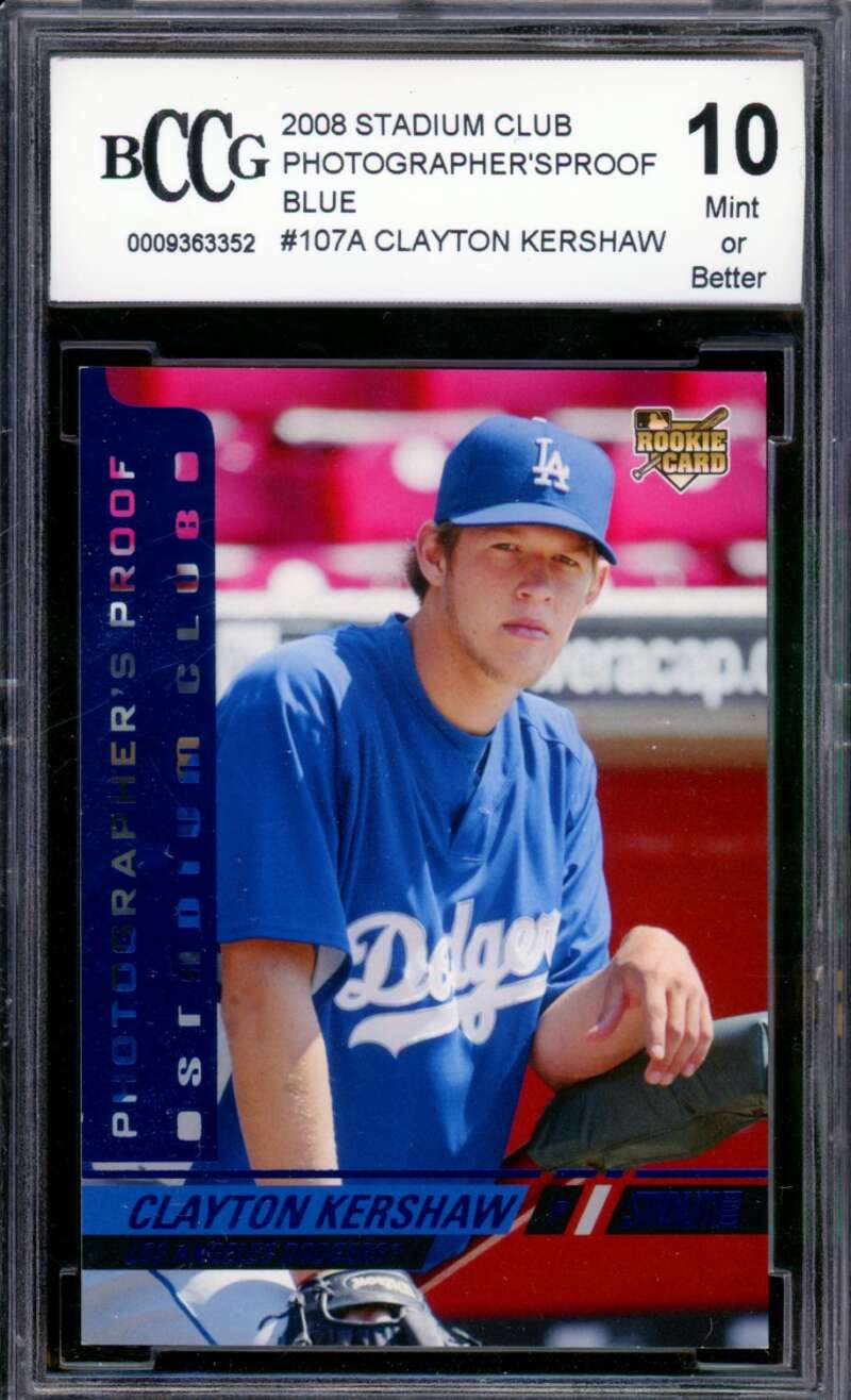 2008 Stadium Club Photographer's Proof Blue #107A Clayton Kershaw RC BGS BCCG 10 Image 1