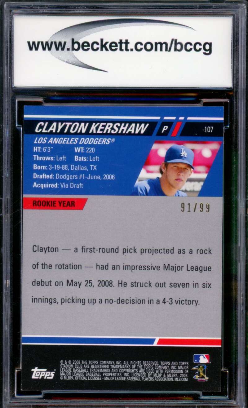 2008 Stadium Club Photographer's Proof Blue #107A Clayton Kershaw RC BGS BCCG 10 Image 2
