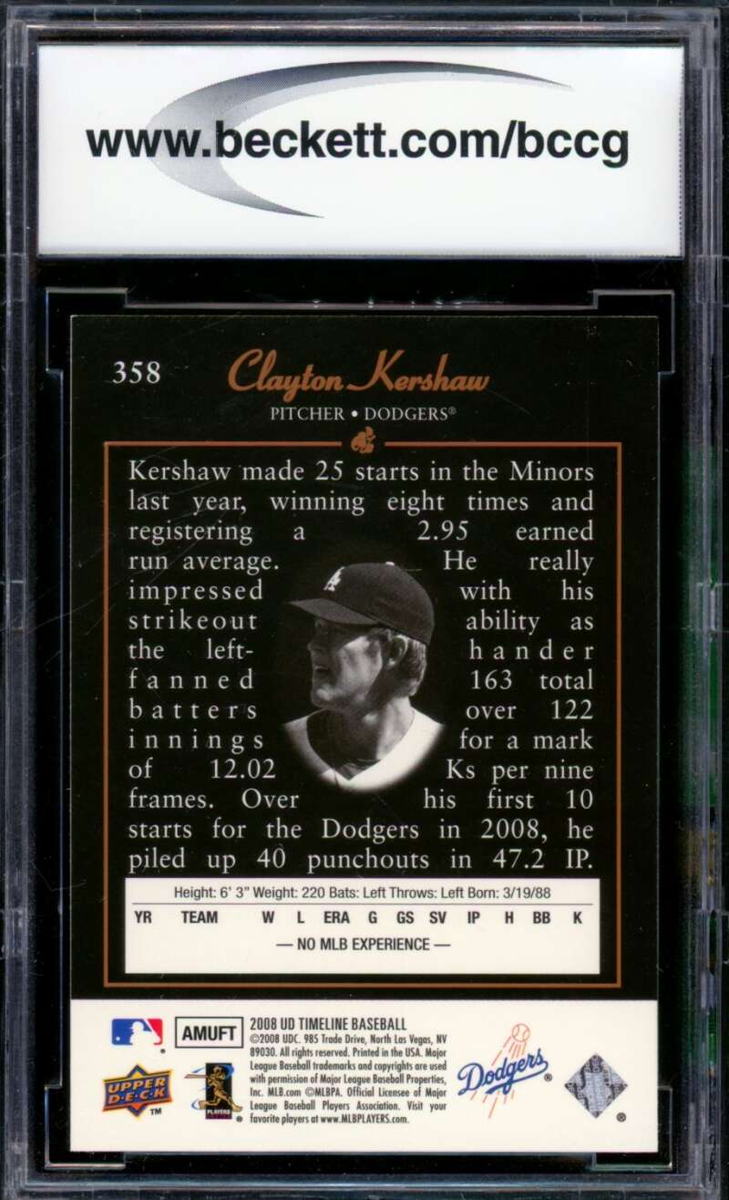 2008 Upper Deck Timeline #358 Clayton Kershaw Rookie Card BGS BCCG 10 Mint+ Image 2