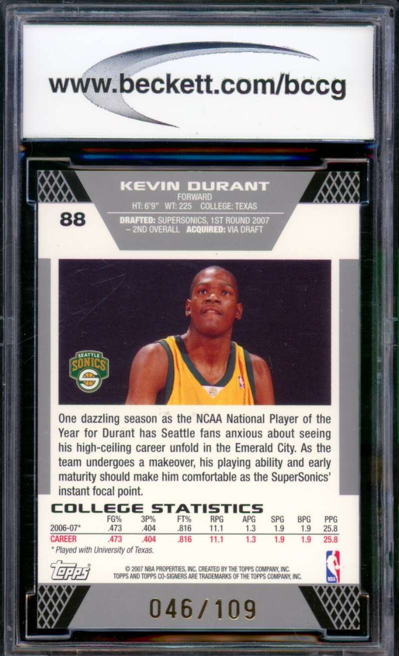 2007-08 Topps Co-Signers Gold Red #88 Kevin Durant Rookie Card BGS BCCG 10 Mint+ Image 2