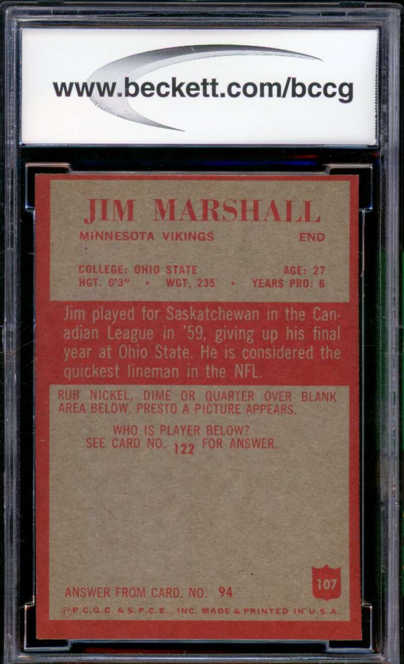 1965 Philadelphia #107 Jim Marshall Card BGS BCCG 9 Near Mint+ Image 2