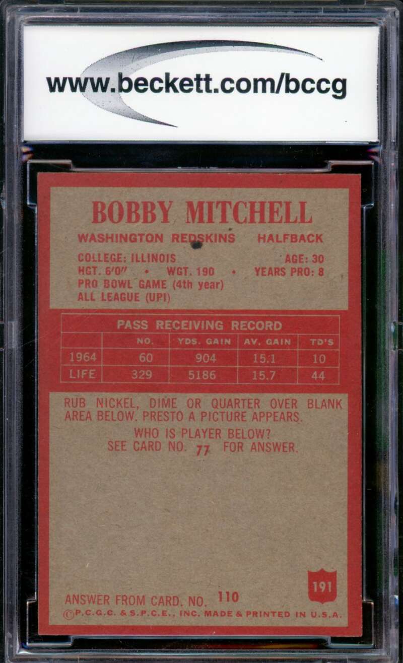 1965 Philadelphia #191 Bobby Mitchell Card BGS BCCG 9 Near Mint+ Image 2