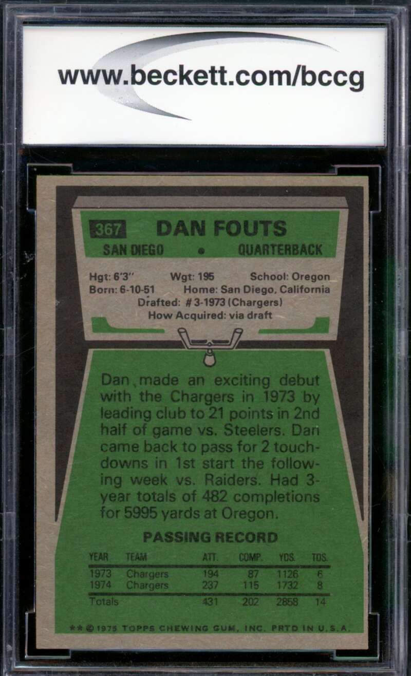 1975 Topps #367 Dan Fouts Rookie Card BGS BCCG 9 Near Mint+ Image 2
