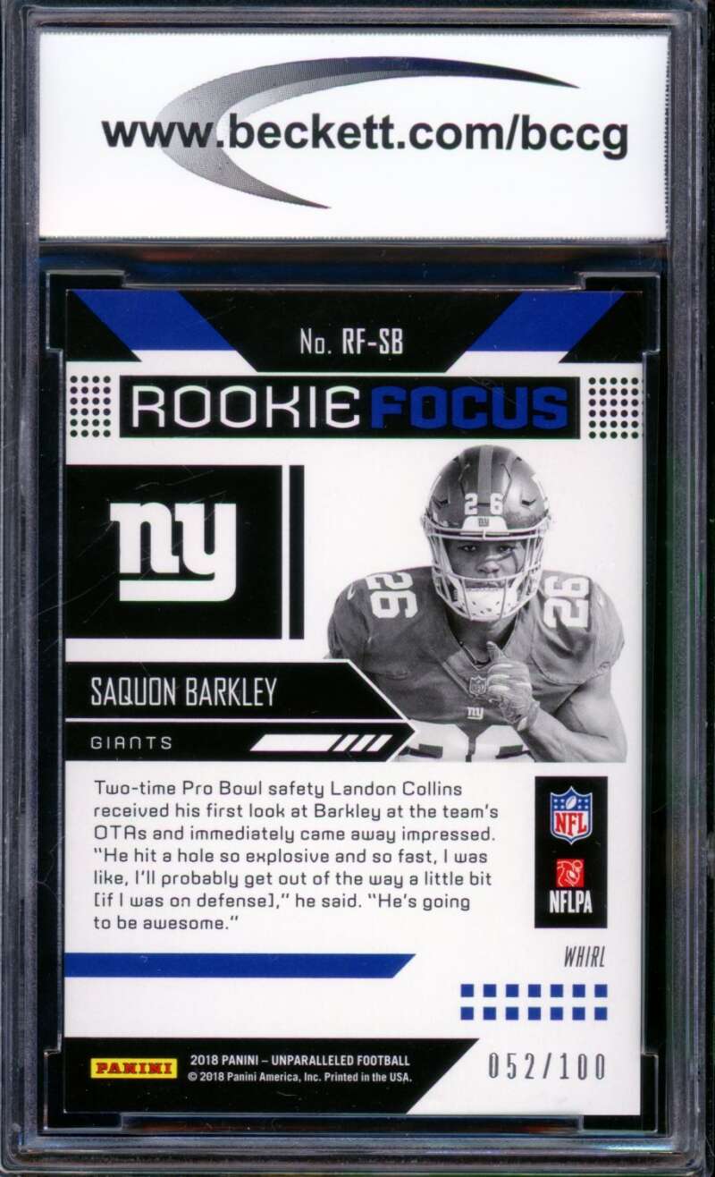 2018 Panini Unparalleled Focus Whirl #8 Saquon Barkley Rookie BGS BCCG 10 Mint+ Image 2