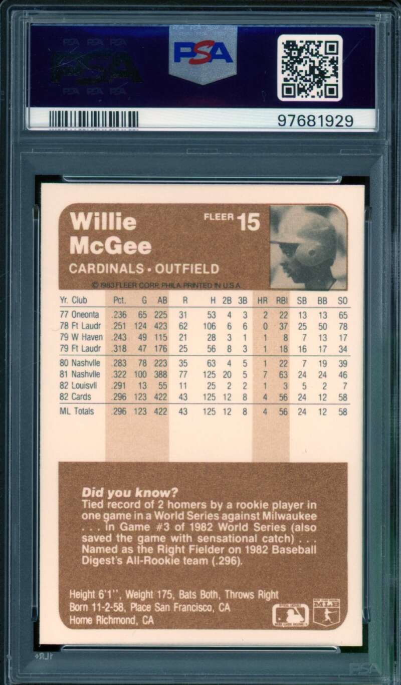 Willie McGee Rookie Card 1983 Fleer #15 PSA 9 Image 2