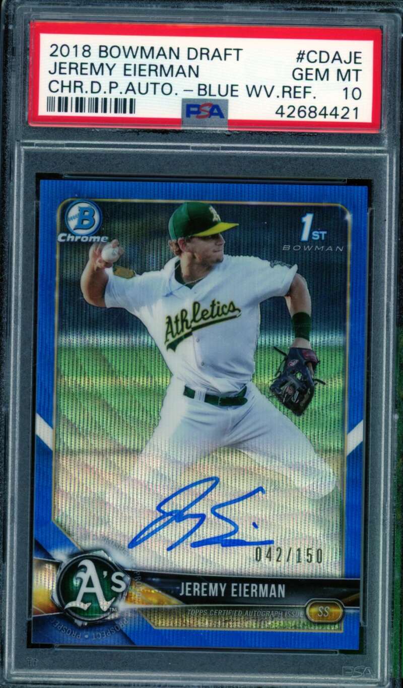 Jeremy Eierman Rookie 2018 Bowman Draft Chrome Auto Blue Wave #CDA-JE PSA 10 Image 1