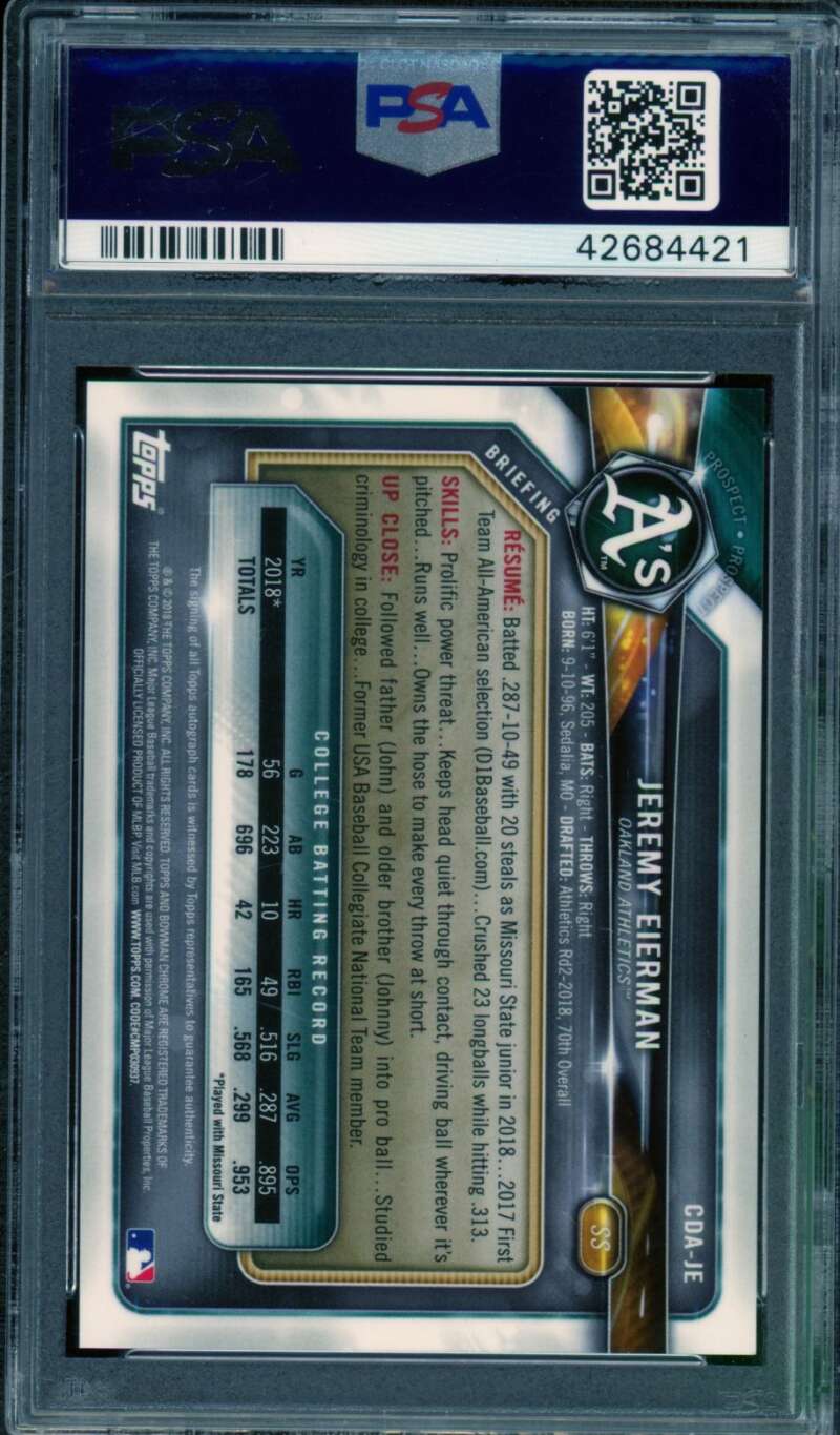 Jeremy Eierman Rookie 2018 Bowman Draft Chrome Auto Blue Wave #CDA-JE PSA 10 Image 2