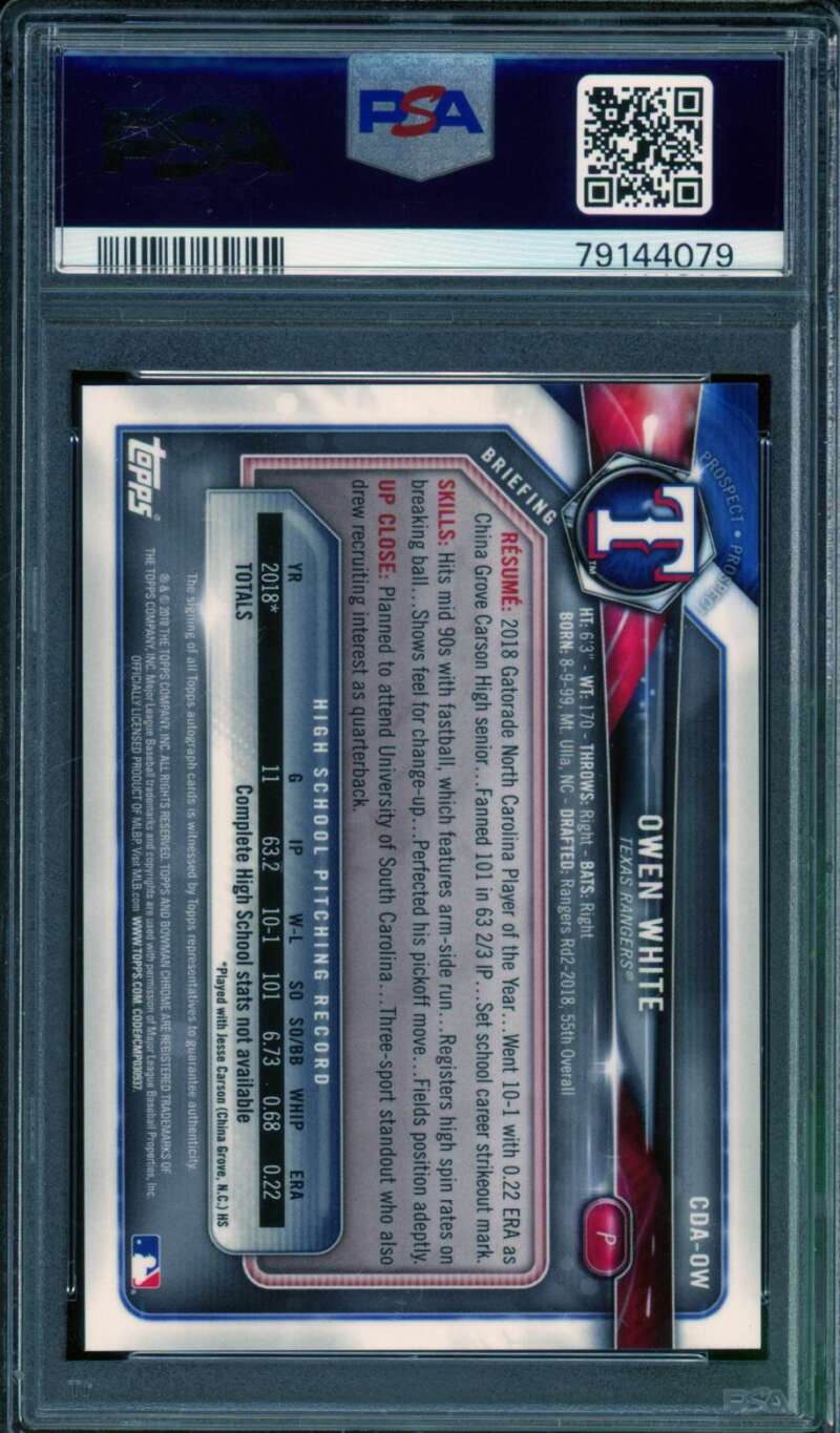 Owen White Rookie Card 2018 Bowman Draft Chrome Au Purple #Cdaow PSA 10 Image 2