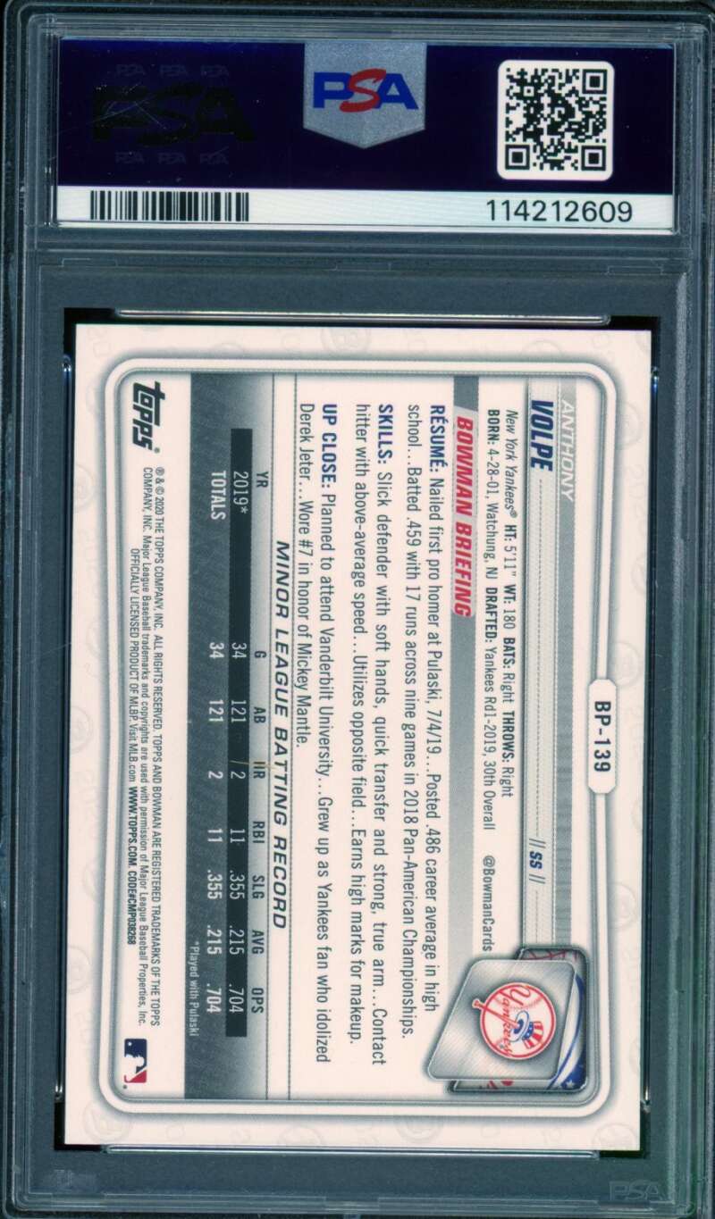 Anthony Volpe Rookie Card 2020 Bowman Paper Prospects #BP139 PSA 10 Image 2