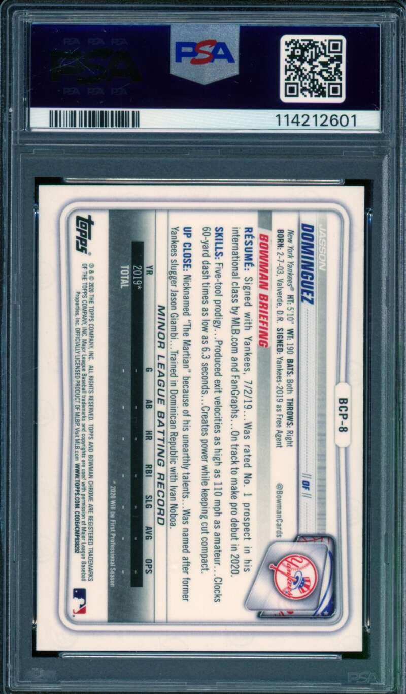 Jasson Dominguez Rookie Card 2020 Bowman Chrome Prospects #BCP8 PSA 9 Image 2
