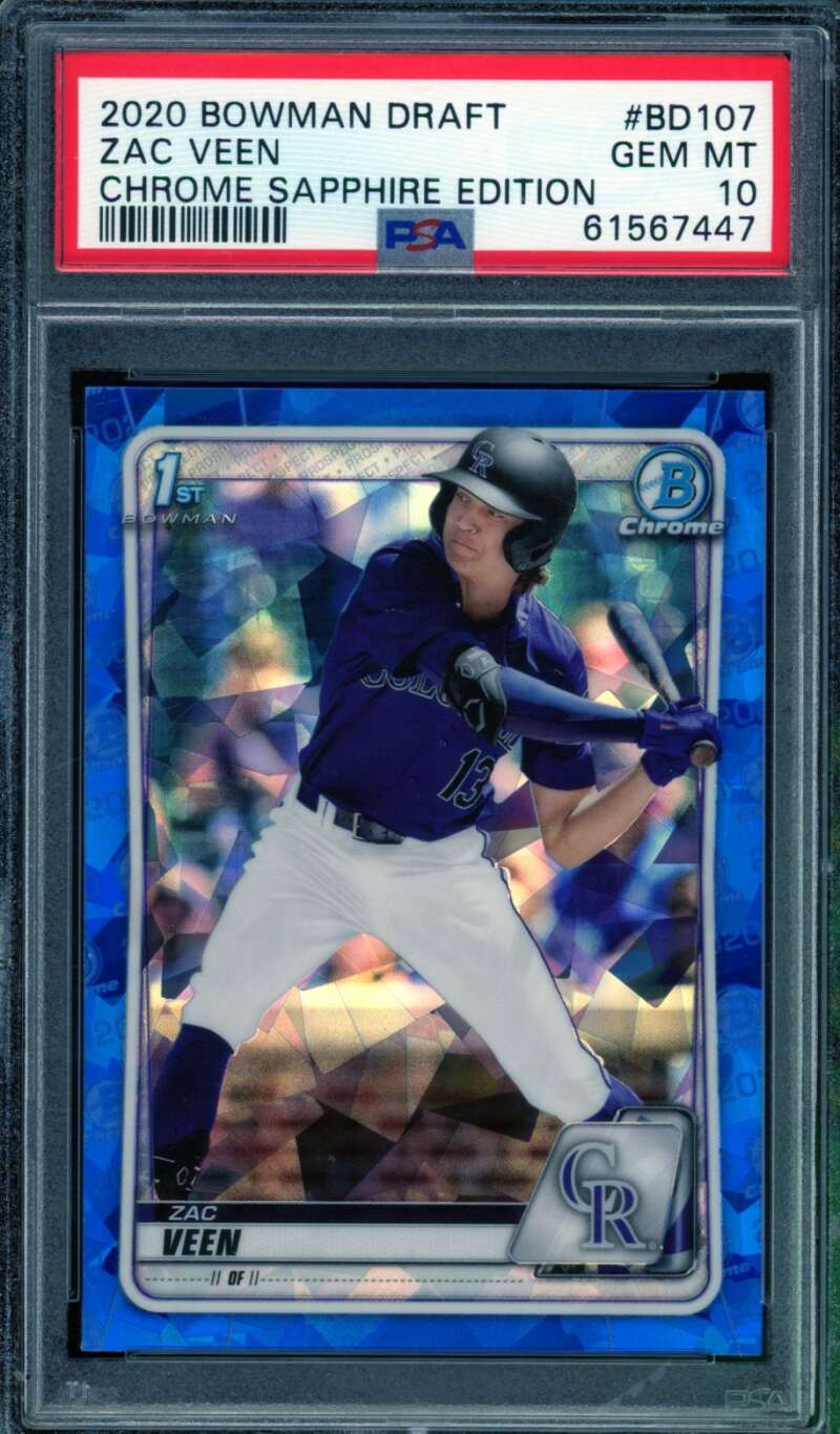 Zac Veen Rookie Card 2020 Bowman Draft Chrome Sapphire Edition #BD107 PSA 10 Image 1