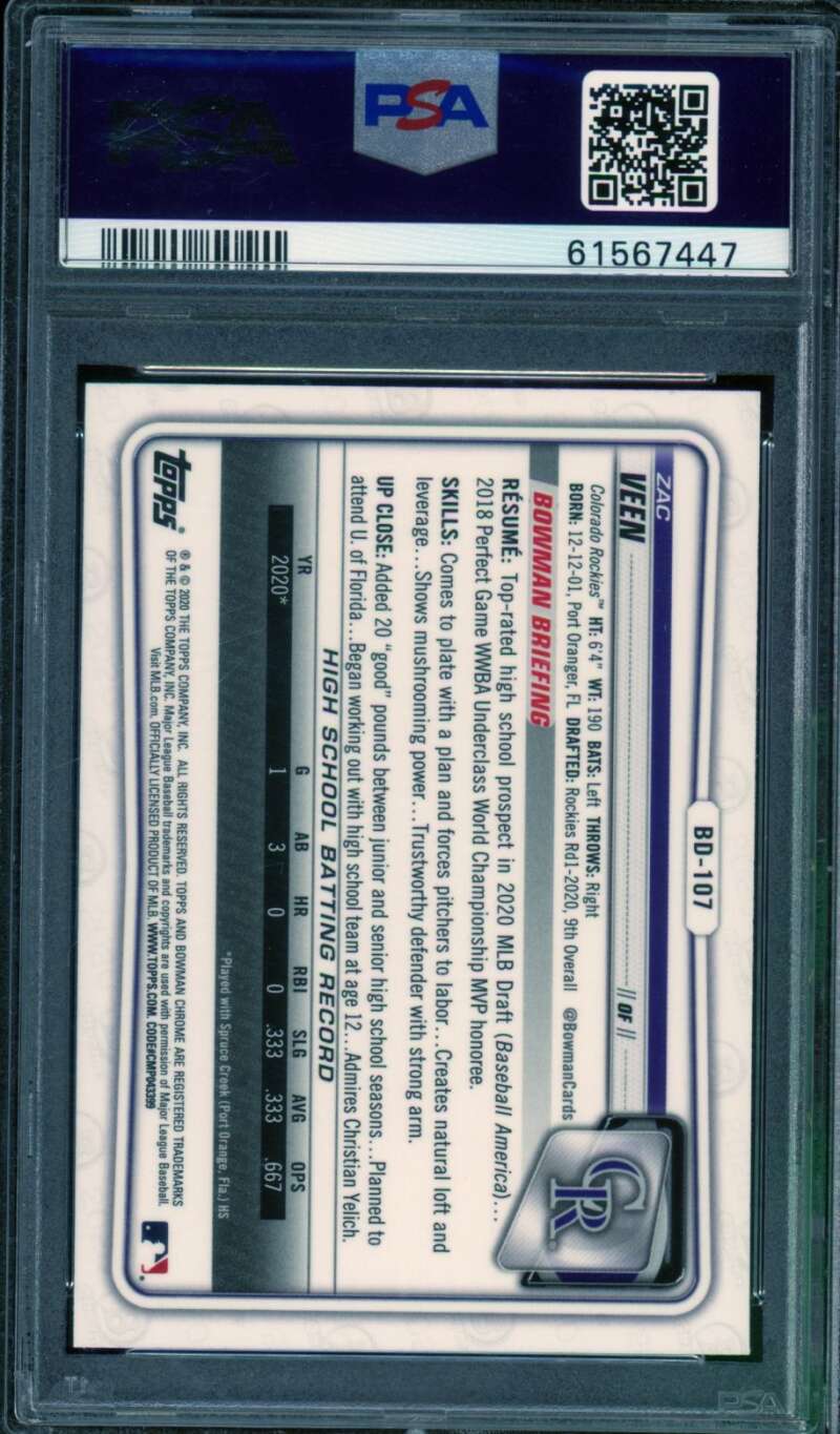 Zac Veen Rookie Card 2020 Bowman Draft Chrome Sapphire Edition #BD107 PSA 10 Image 2