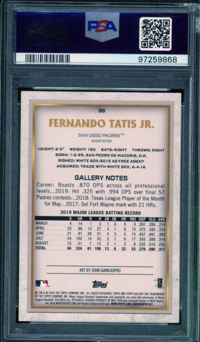 Fernando Tatis Jr. Card 2020 Topps Gallery Artist Proof #88 PSA 9 Image 2