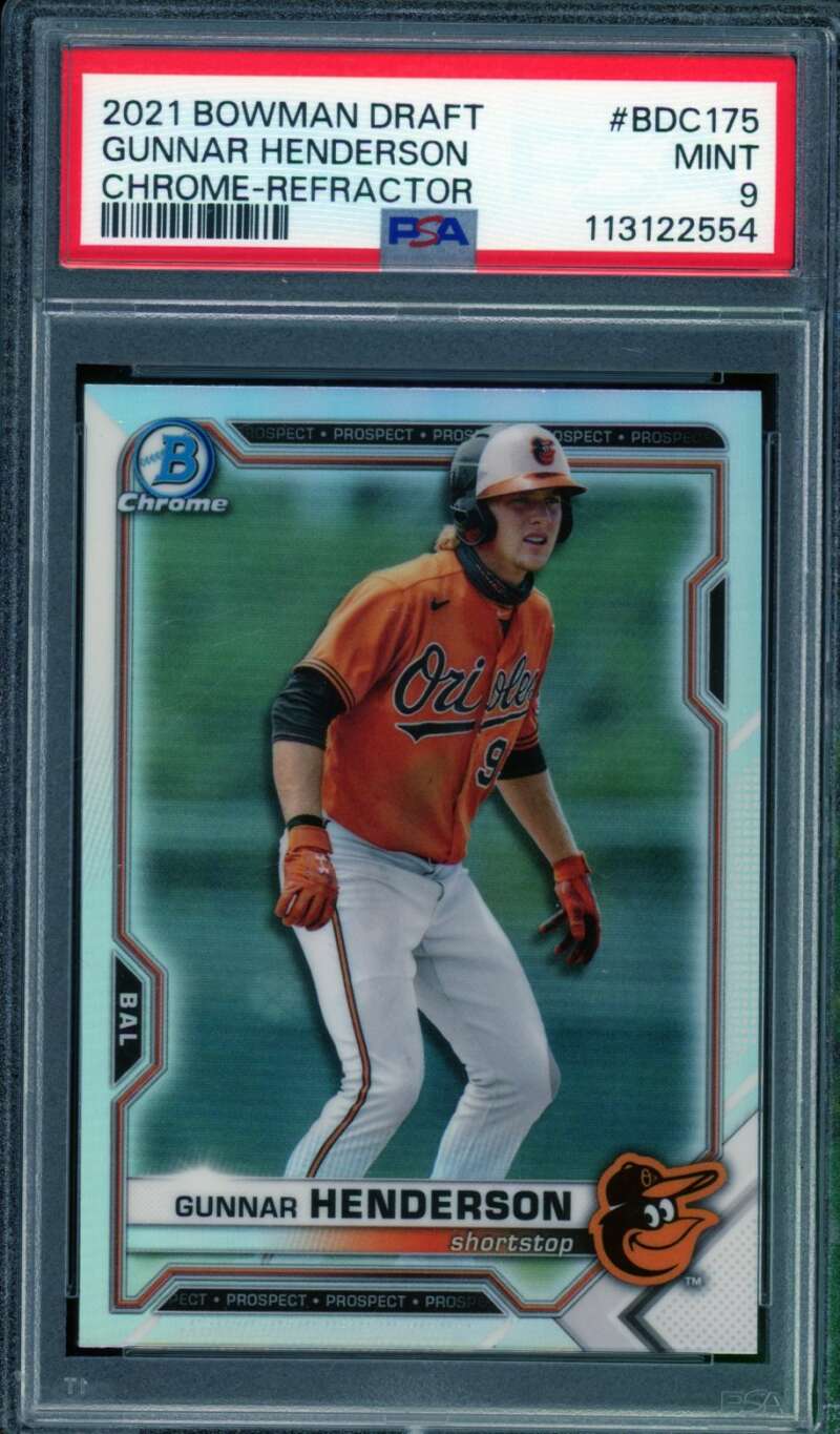 Gunnar Henderson Rookie Card 2021 Bowman Draft Chrome Refractor #BDC-175 PSA 9 Image 1