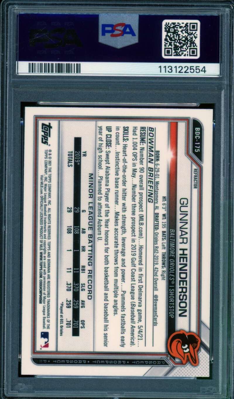 Gunnar Henderson Rookie Card 2021 Bowman Draft Chrome Refractor #BDC-175 PSA 9 Image 2