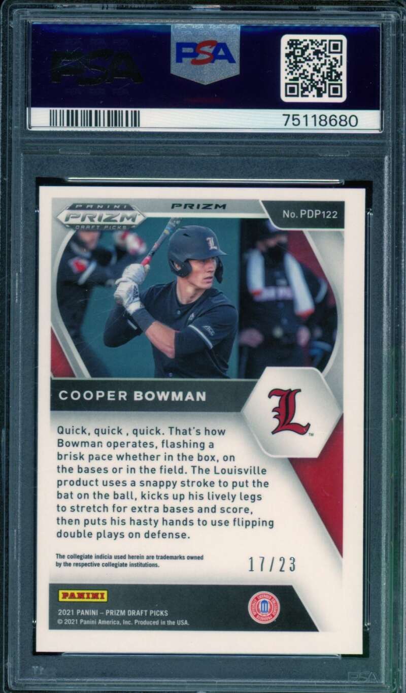 Cooper Bowman 2021 Prizm Draft Picks Burgandy Cracked Ice (17/23) #PDP122 PSA 10 Image 2