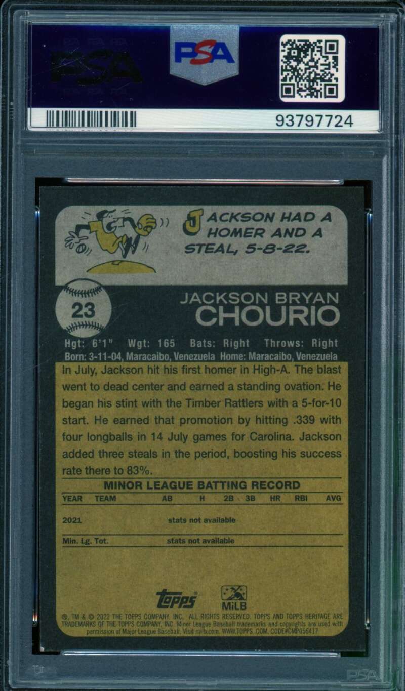 Jackson Chourio Card 2022 Topps Heritage M/L #23 PSA 9 Image 2