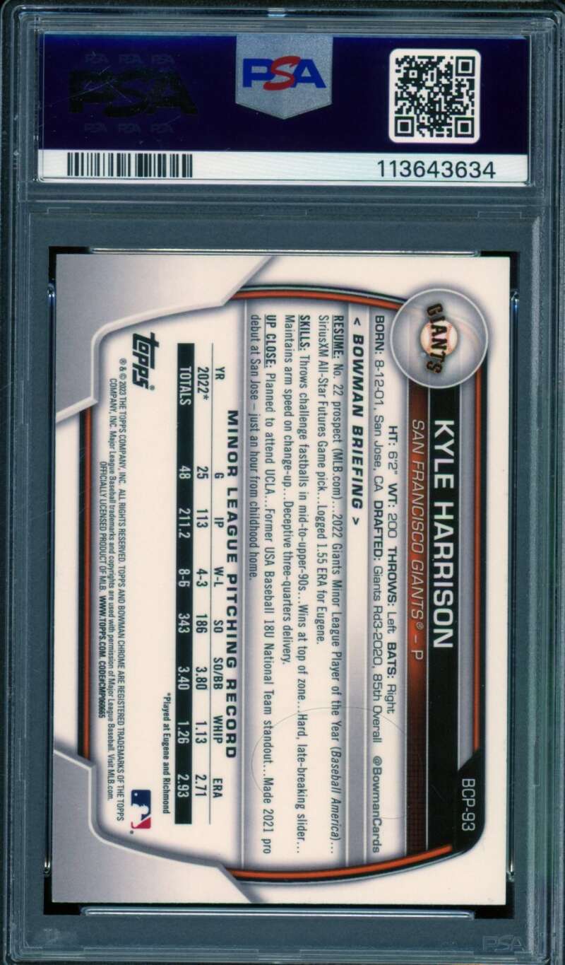 Kyle Harrison Rookie Card 2023 Bowman Chrome Prospects #BCP93 PSA 9 Image 2
