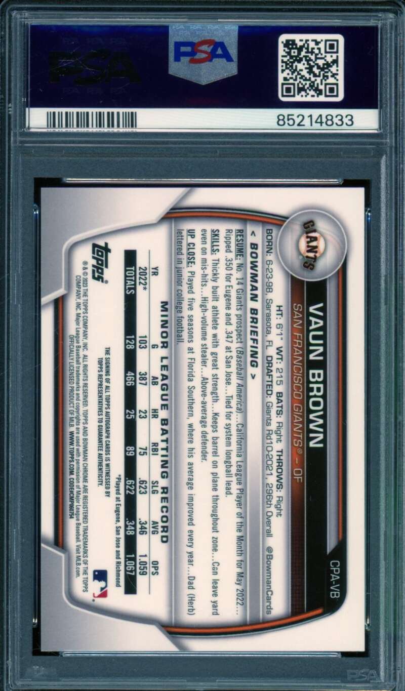 Vaun Brown Rookie Card 2023 Bowman Chrome Au Speckle #Cpavb PSA 10 Image 2