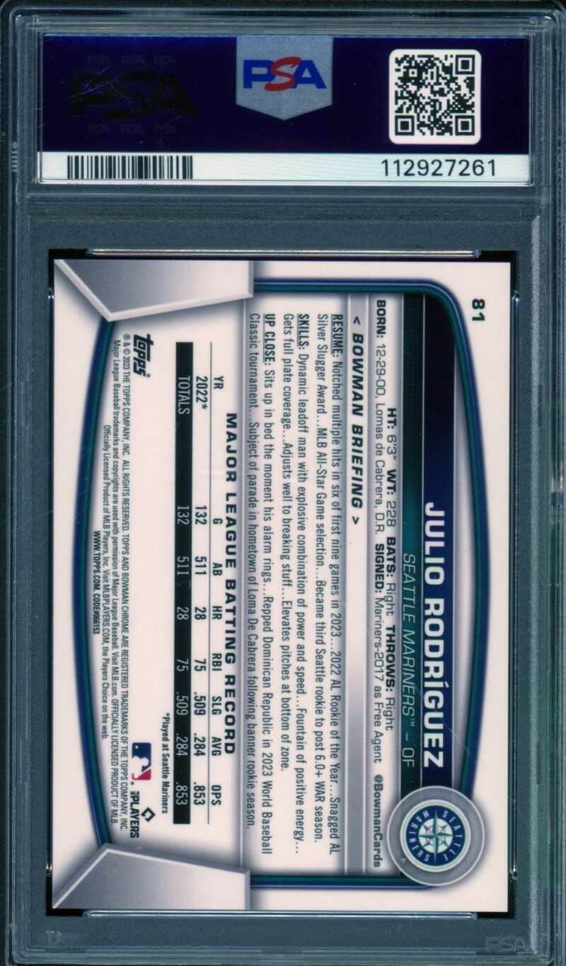 Julio Rodriguez Card 2023 Bowman Chrome S/E Aqua #81 PSA 9 Image 2