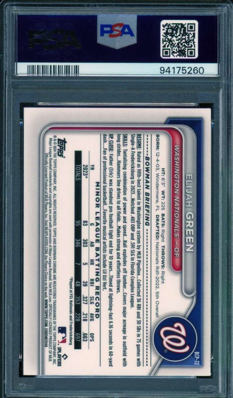 Elijah Green 2024 Bowman Chrome Prospects Lunar Glow Refractor #Bcp72 PSA 9 Image 2