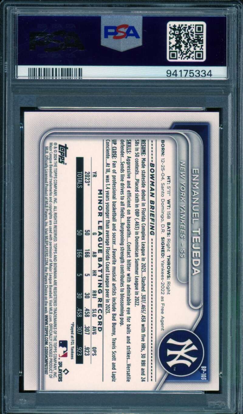 Enmanuel Tejeda Rookie Card 2024 Bowman Paper Sky Blue #BP103 PSA 9 Image 2