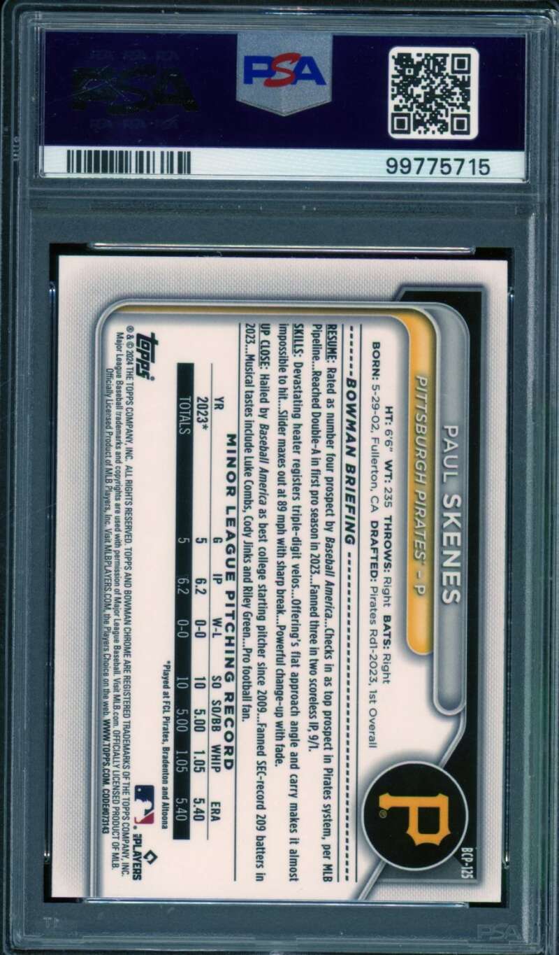 Paul Skenes Rookie Card 2024 Bowman Chrome Prospects #BCP125 PSA 9 Image 2