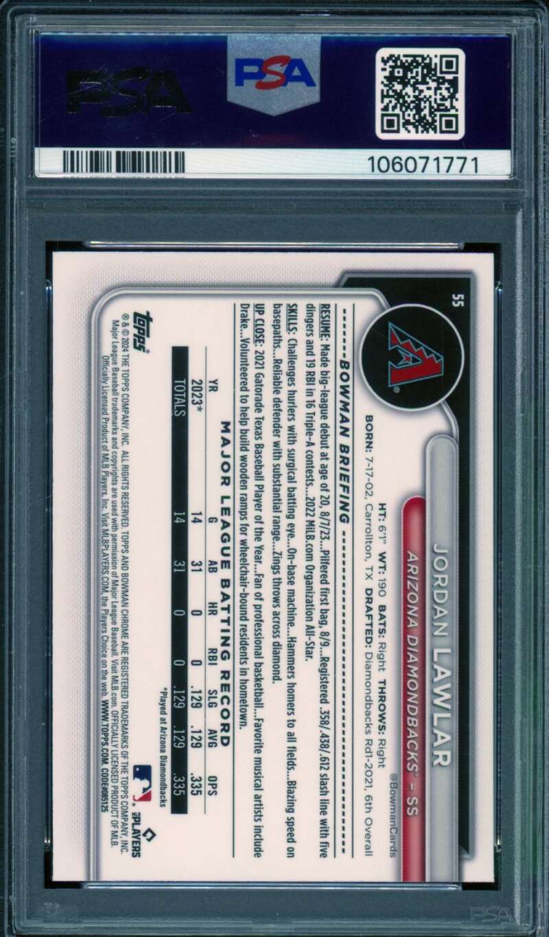 Jordan Lawlar Card 2024 Bowman Chrome SP #55 PSA 9 Image 2