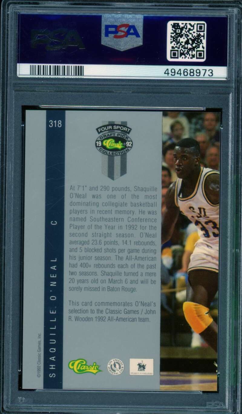 Shaquille O'Neal Rookie Card 1992 Classic Sport #318 PSA 9 Image 2
