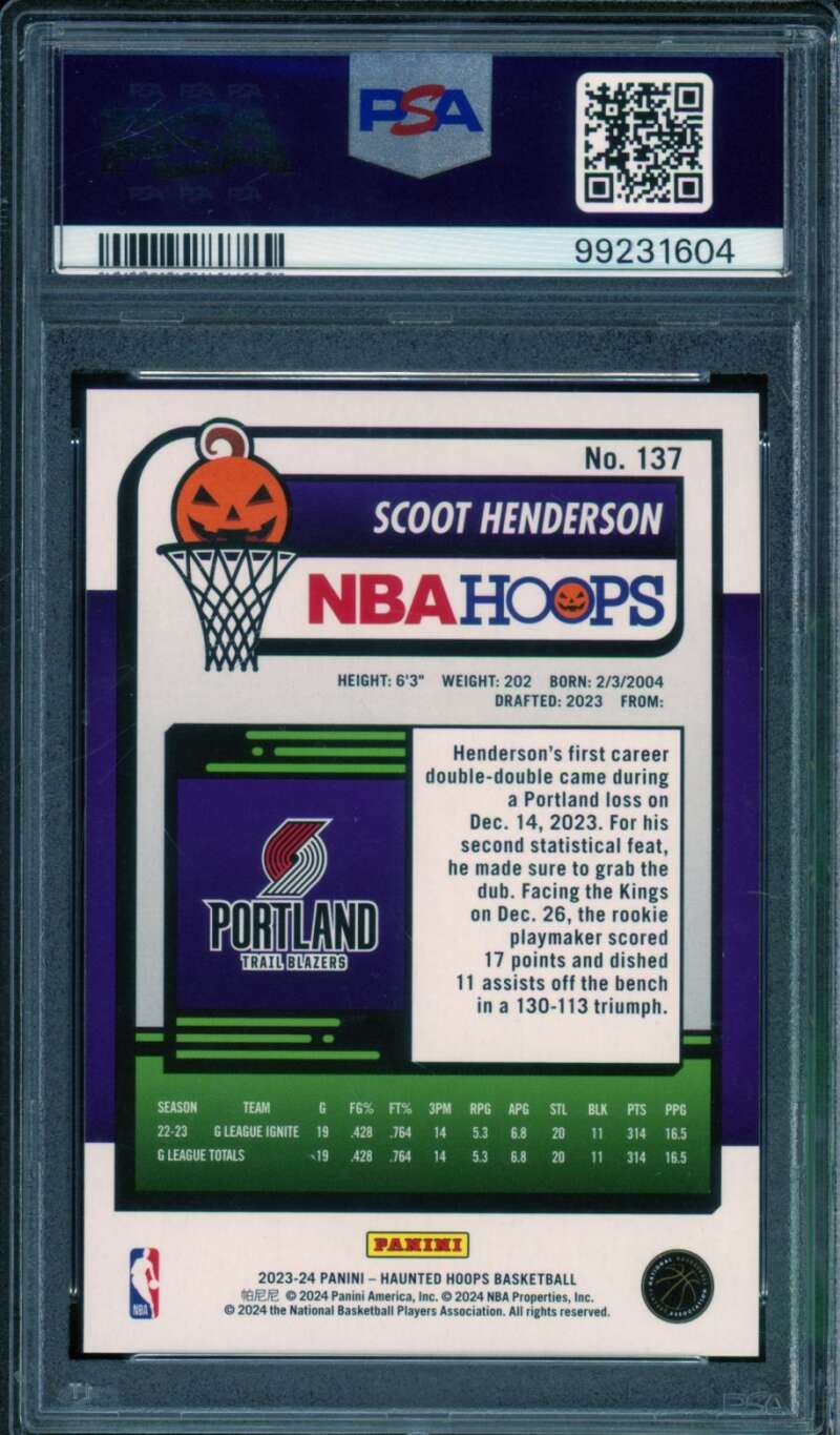 Scoot Henderson Rookie Card 2023-24 Haunted Hoops Orange (pop 6) #137 PSA 10 Image 2