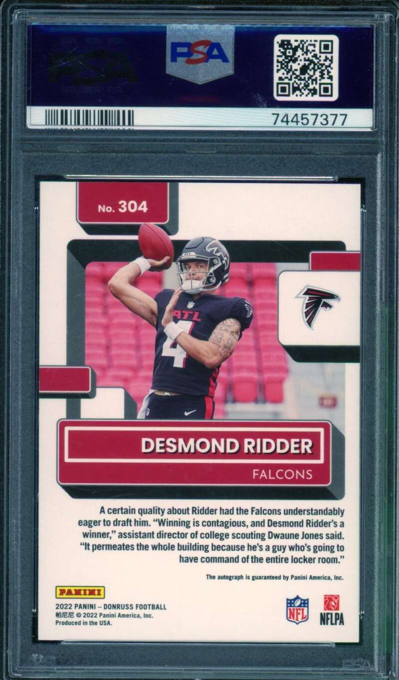 Desmond Ridder Rookie Card 2022 Donruss Autograph (pop 2) #304 PSA 9 Image 2