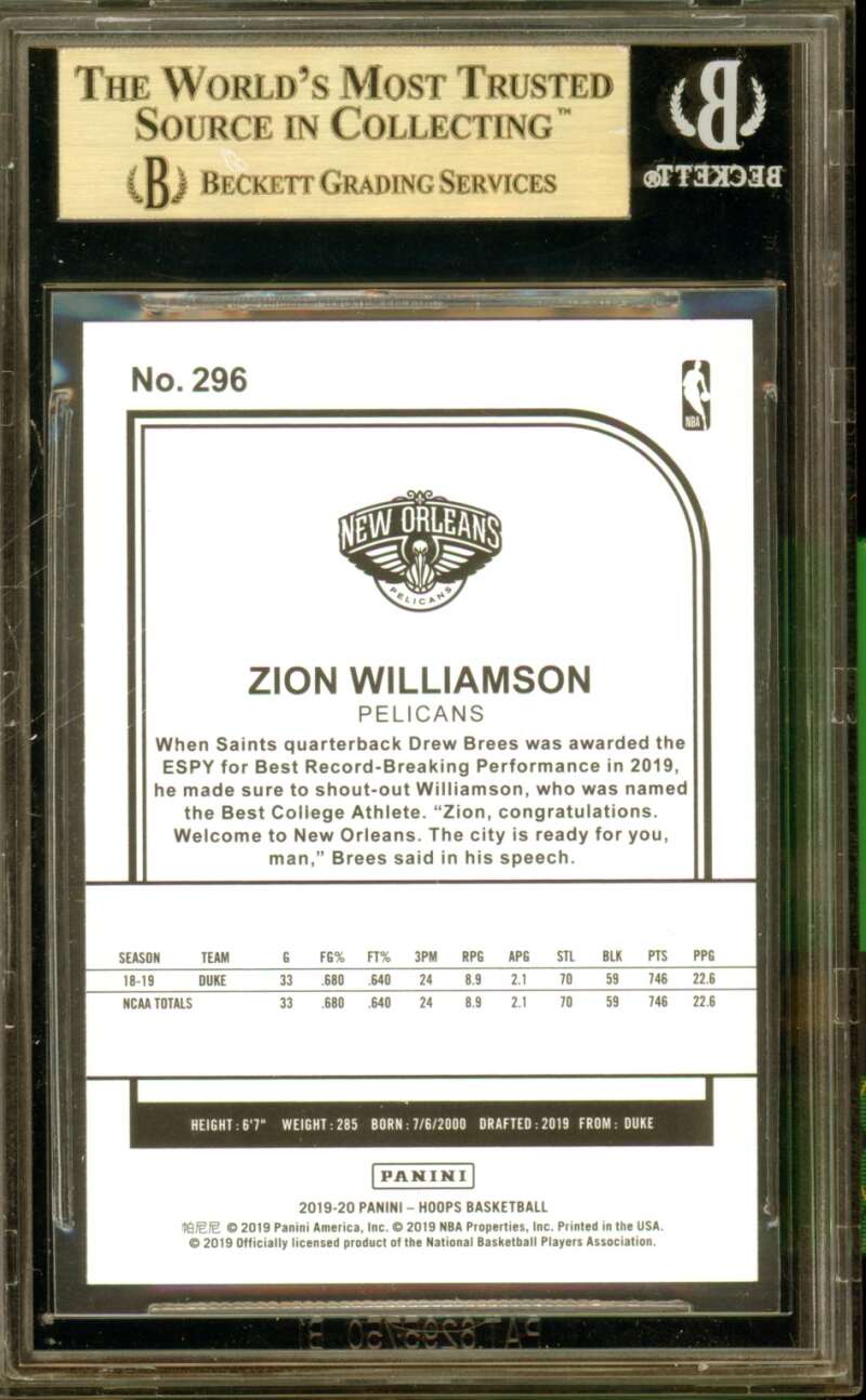 Zion Williamson Rookie Card 2019-20 Hoops Winter #296 BGS 9.5 Image 2