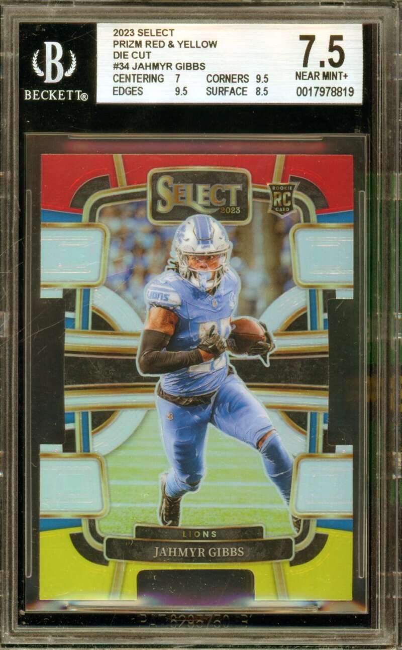 Jahmyr Gibbs Rookie Card 2023 Select Prizm Red Yellow Die Cut #34 BGS 7.5 Image 1