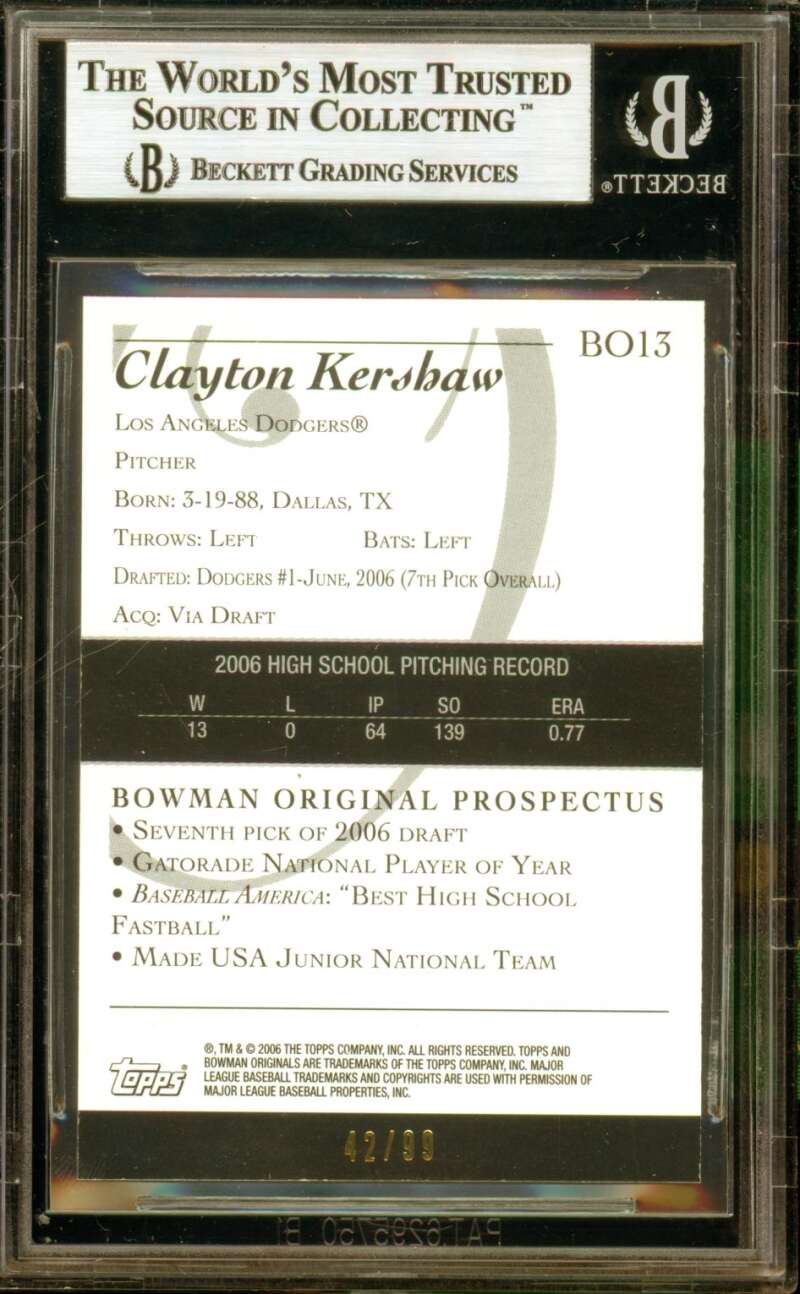Clayton Kershaw Rookie 2006 Bowman Originals Prospects Black (42/99) #13 BGS 8.5 Image 2