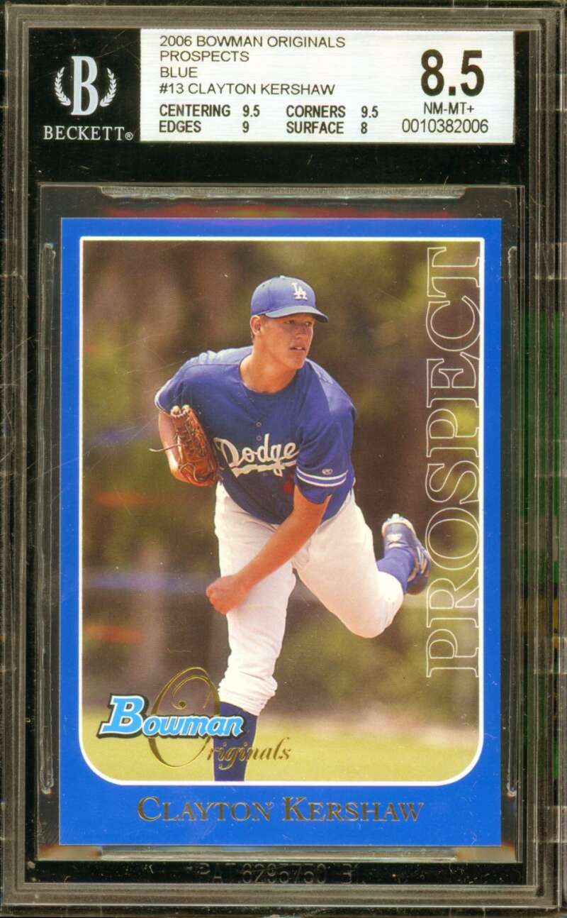 Clayton Kershaw Rookie 2006 Bowman Originals Prospects Blue (pop 5) #13 BGS 8.5 Image 1
