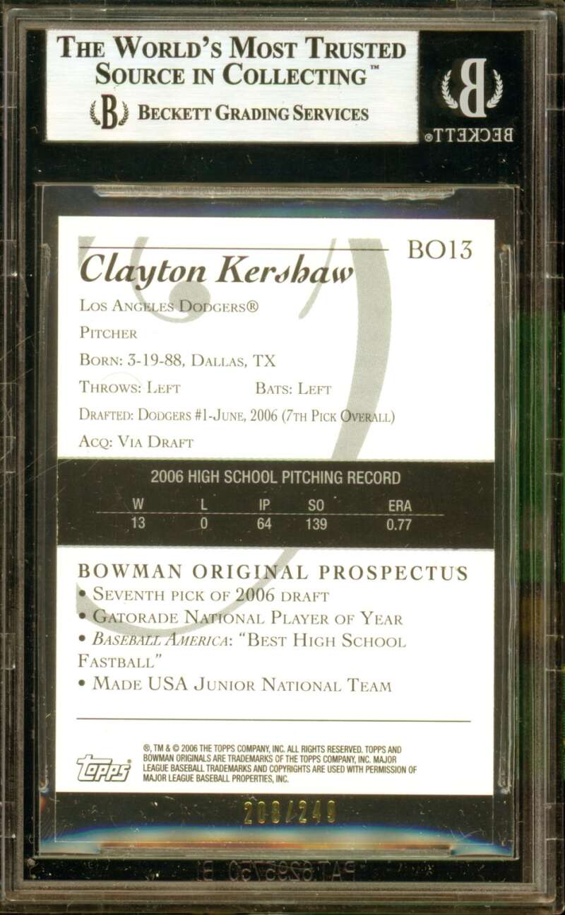 Clayton Kershaw Rookie 2006 Bowman Originals Prospects Blue (pop 5) #13 BGS 8.5 Image 2