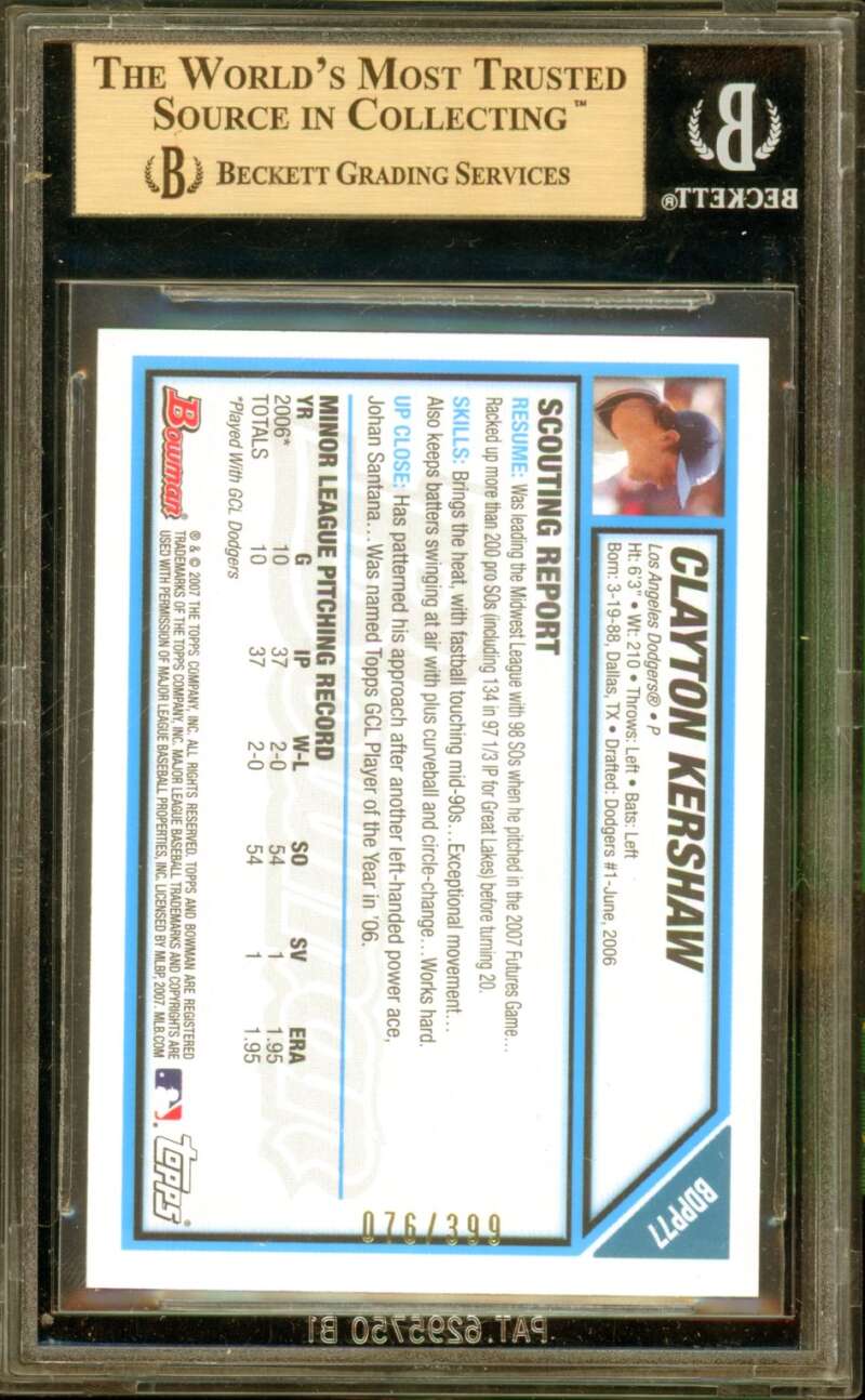 Clayton Kershaw 2007 Bowman Draft Future's Game Prospects Blue #BDPP77 BGS 9.5 Image 2