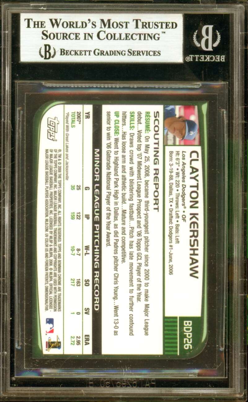 Clayton Kershaw Rookie Card 2008 Bowman Chrome Draft #BDP26A BGS 9 Image 2