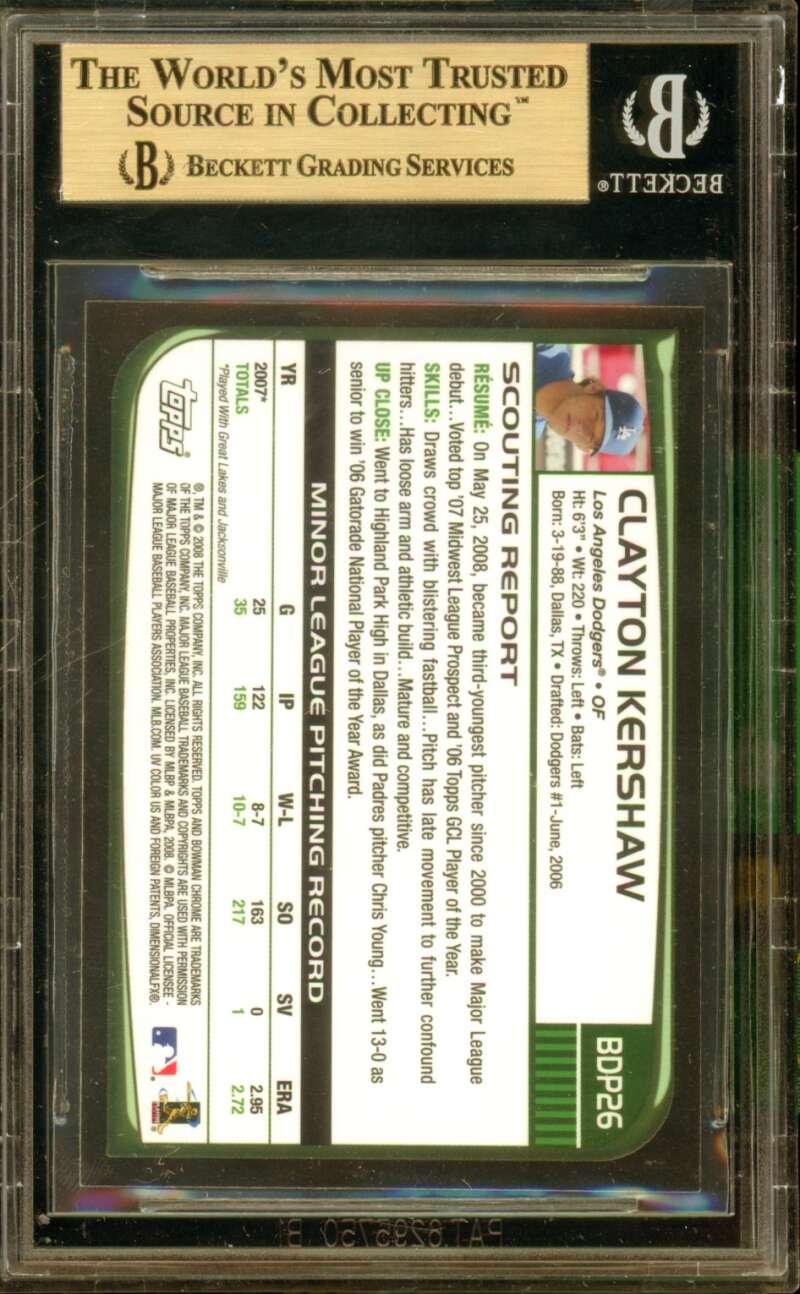 Clayton Kershaw Rookie Card 2008 Bowman Chrome Draft #BDP26A BGS 9.5 Image 2