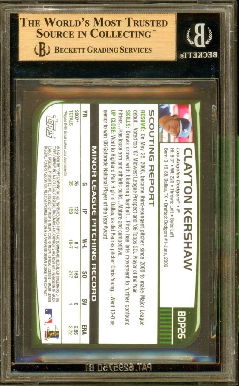 Clayton Kershaw Rookie Card 2008 Bowman Draft #BDP26 BGS 9.5 Image 2