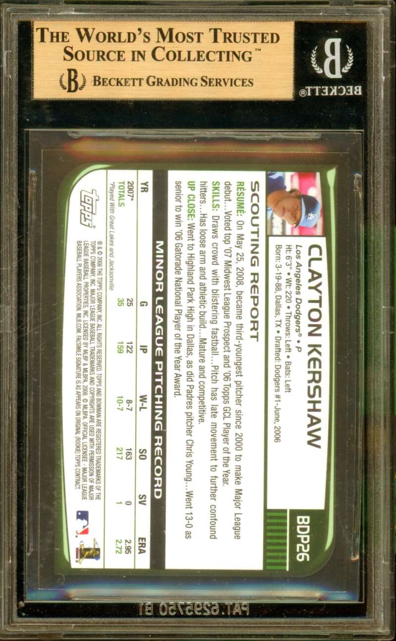 Clayton Kershaw Rookie Card 2008 Bowman Draft #BDP26 BGS 9.5 Image 2