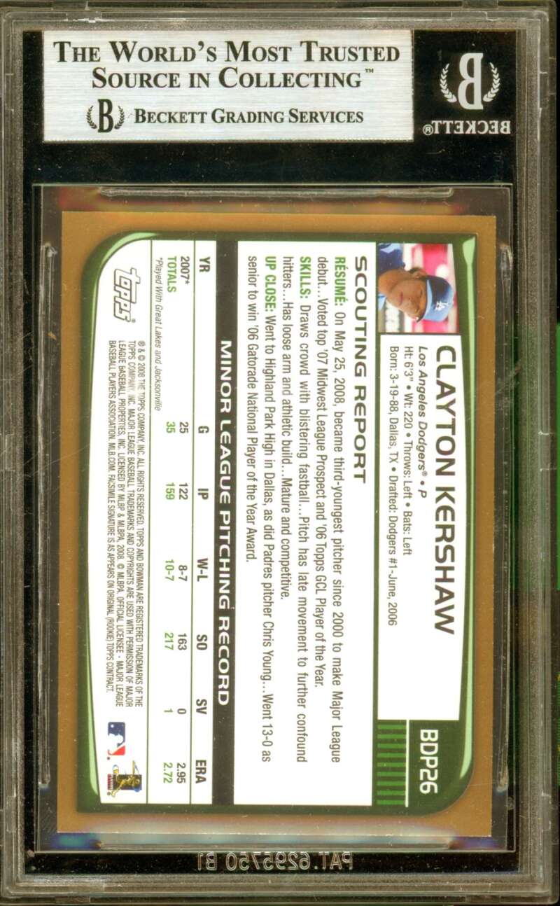 Clayton Kershaw Rookie Card 2008 Bowman Draft Gold #BDP26 BGS 9 Image 2