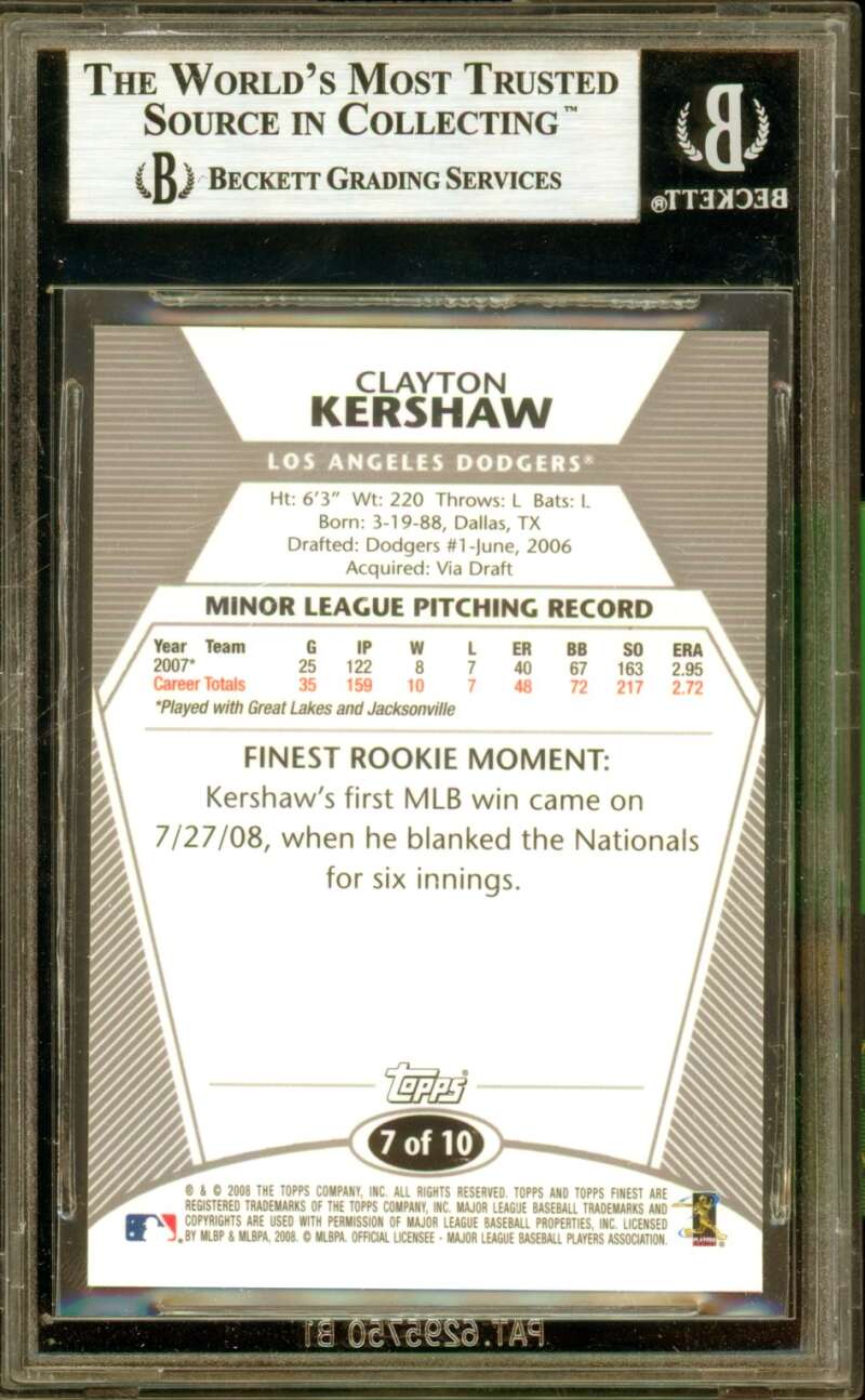 Clayton Kershaw Rookie Card 2008 Finest #7 BGS 9 Image 2