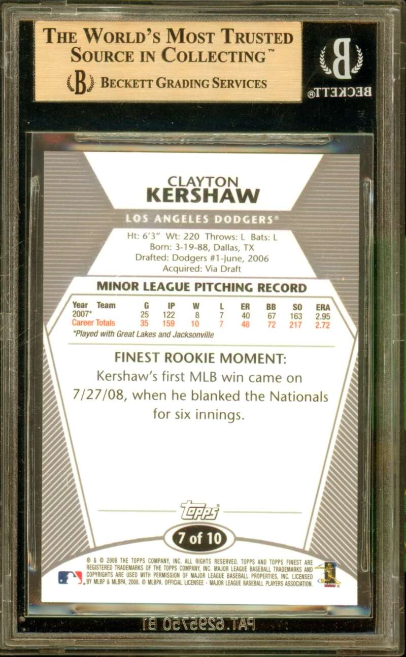 Clayton Kershaw Rookie Card 2008 Finest #7 BGS 9.5 Image 2