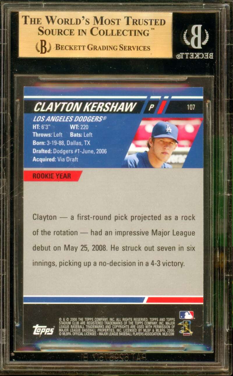 Clayton Kershaw Rookie Card 2008 Stadium Club #107A BGS 9.5 Image 2